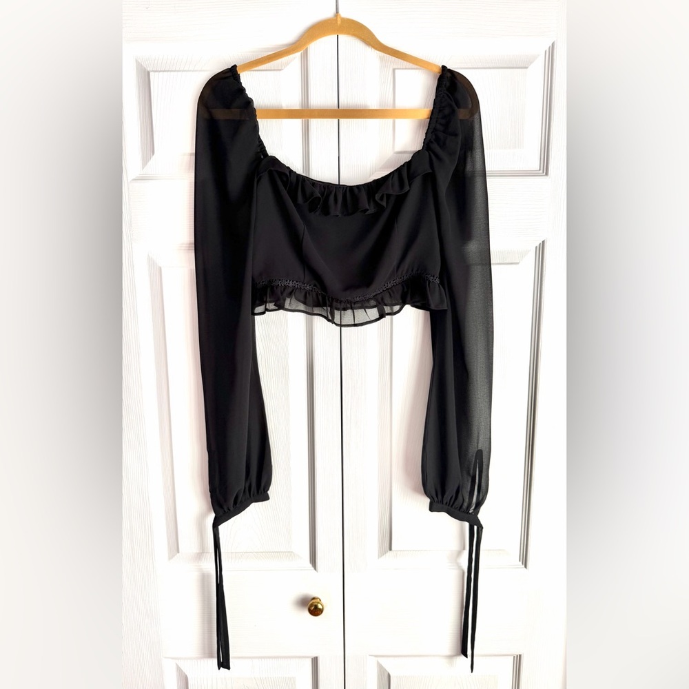 Lovers + Friends Black Sheer Ruffle Blouse